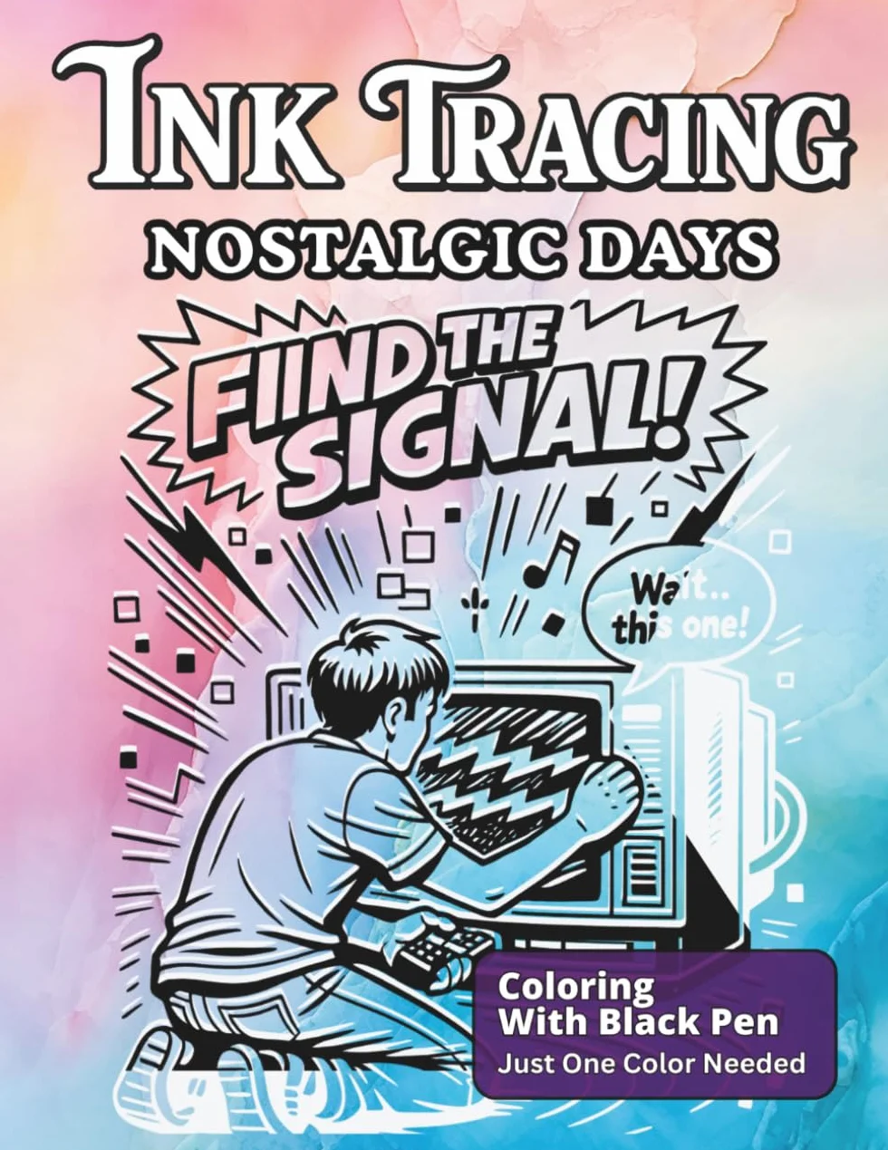 Ink Tracing Nostalgic Days: Follow The White Lines Using One Black Pen To Reveal The Designs Featuring Life Before Internet For All Ages