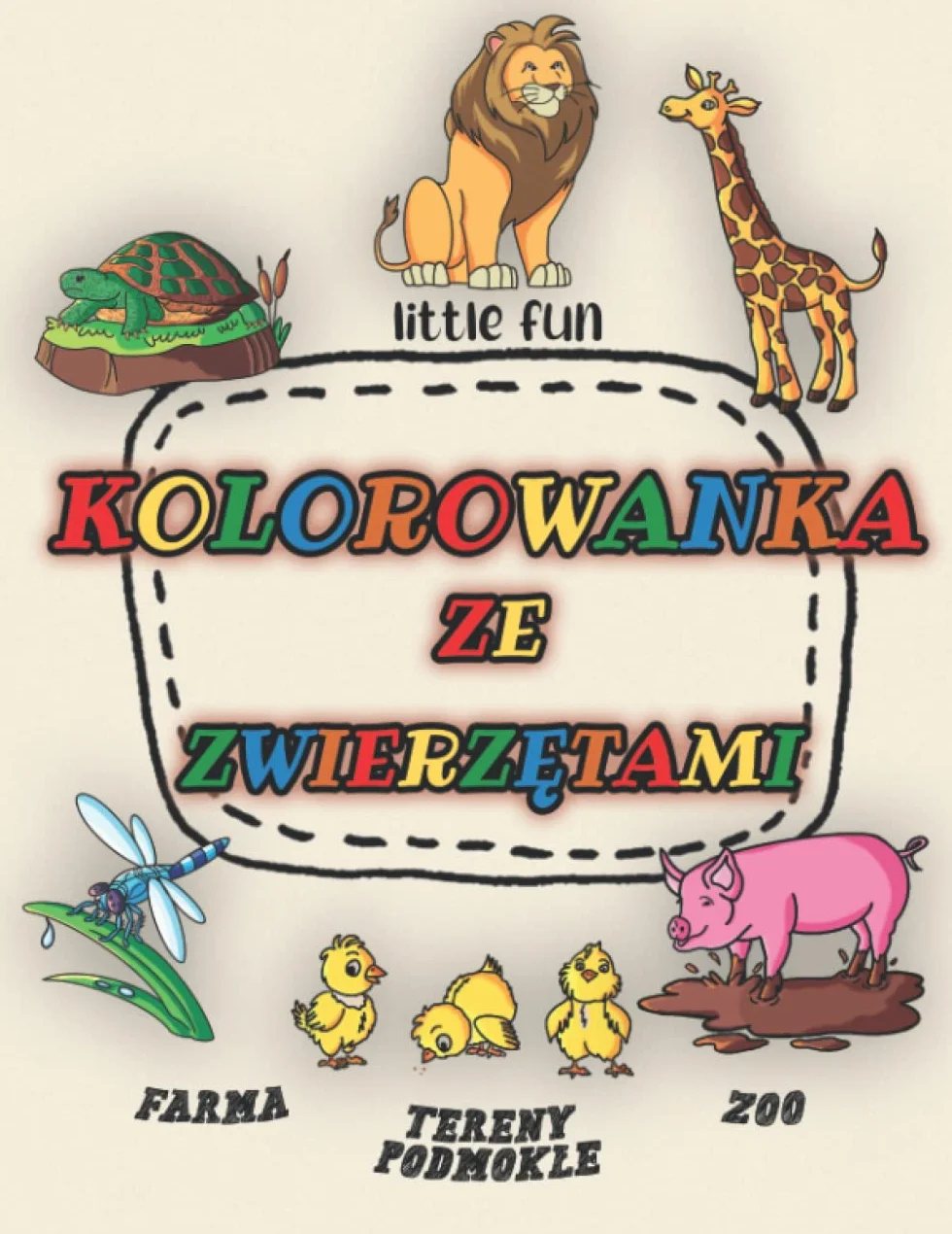 Kolorowanka ze zwierzętami: zoo, farma, tereny podmokłe: Proste rysunki do pokolorowania dla dzieci w wieku przedszkolnym i wczesnoszkolnym. Duże ilustracje z kolorowym wzorem.
