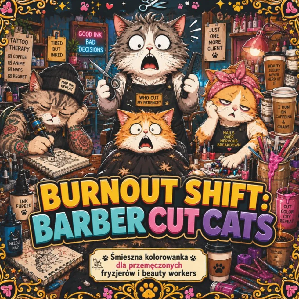 Burnout Shift: Barber Cut Cats: Śmieszna Kolorowanka dla Dorosłych o Fryzjerach, Tatuażach i Beauty Chaosie