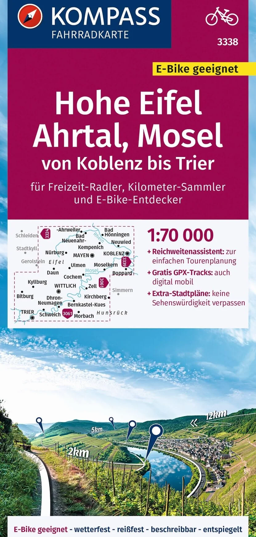 KOMPASS Fahrradkarte 3338 Hohe Eifel, Ahrtal, Mosel, von Koblenz bis Trier 1:70.000: reiß- und wetterfest mit Extra Stadtplänen