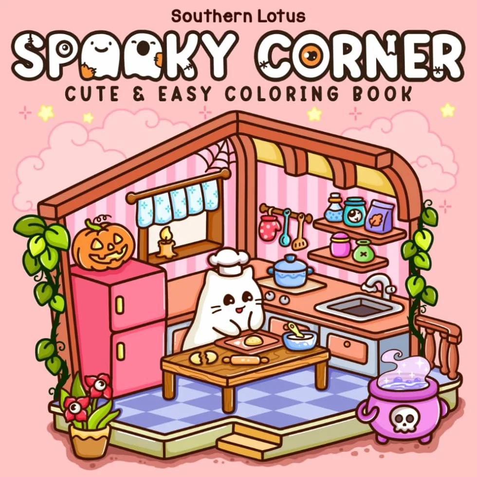 Spooky Corner: Coloring Book for Adults and Teens Featuring Hygge Corners with Adorable Creepy Characters, Bold and Easy Designs for Stress Relief