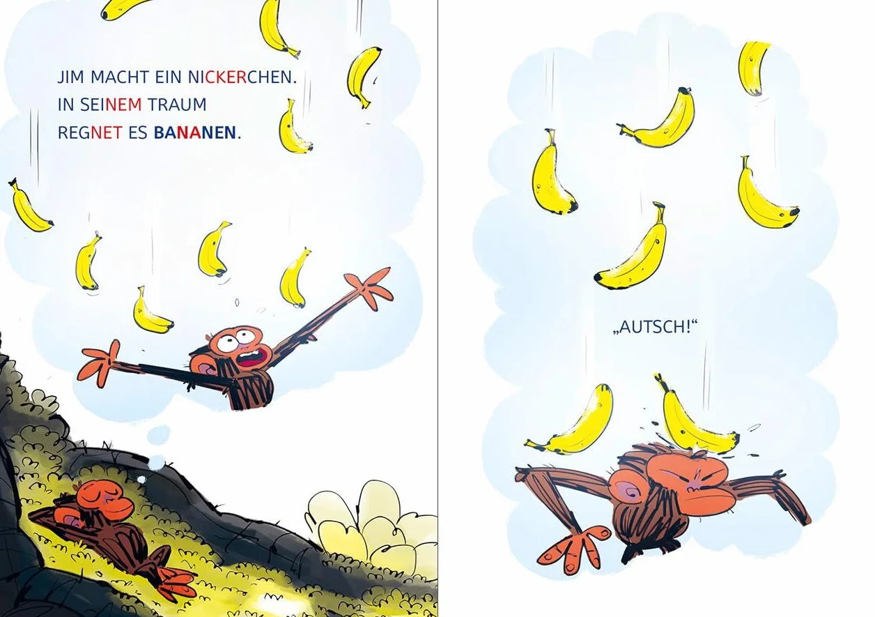Leselöwen 1. Klasse - Jim ist mies drauf - Fertig, los ... Banane! (Großbuchstaben): Die Nr. 1 für den Lesestart - Der beliebte Bilderbuch-Character Jim als Erstlesebuch für Kinder ab 6 Jahren