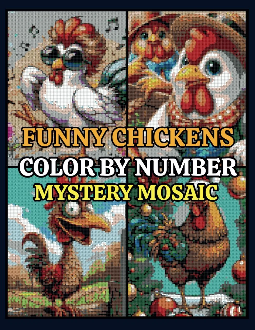 Funny Chicken Mystery Mosaics Color by Number: 50 Pixel Art Puzzles for Adults and Kids Stress Relief & Relaxation