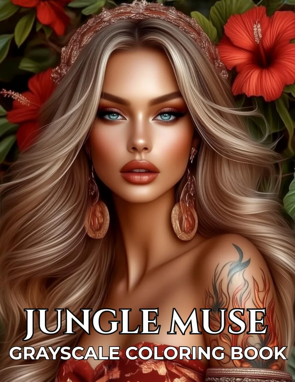 Jungle Muse: Grayscale Coloring Book for Adults with 47 Women Portraits, Tropical Nature and Fantasy Art