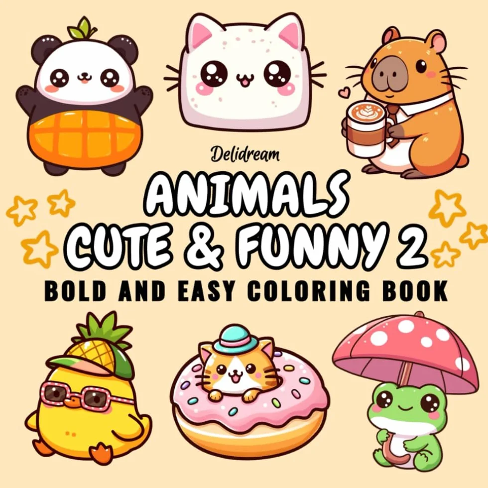 Animals Cute & Funny 2: Bold and Easy Coloring Book for Kids and Adults, 35 Relaxing Stress Relief Illustrations