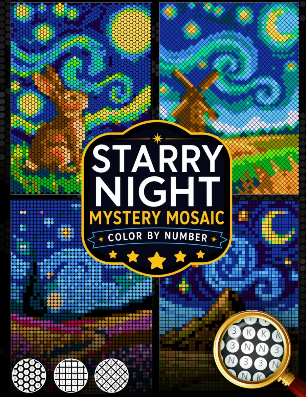 Starry Night Mystery Mosaic Color by Number: 50 Relaxing Pixel Art Night Sky Scenes with Black Background — Dreamy Landscapes, Animals & Peaceful Views (Stress Relief Color by Number for Adults)