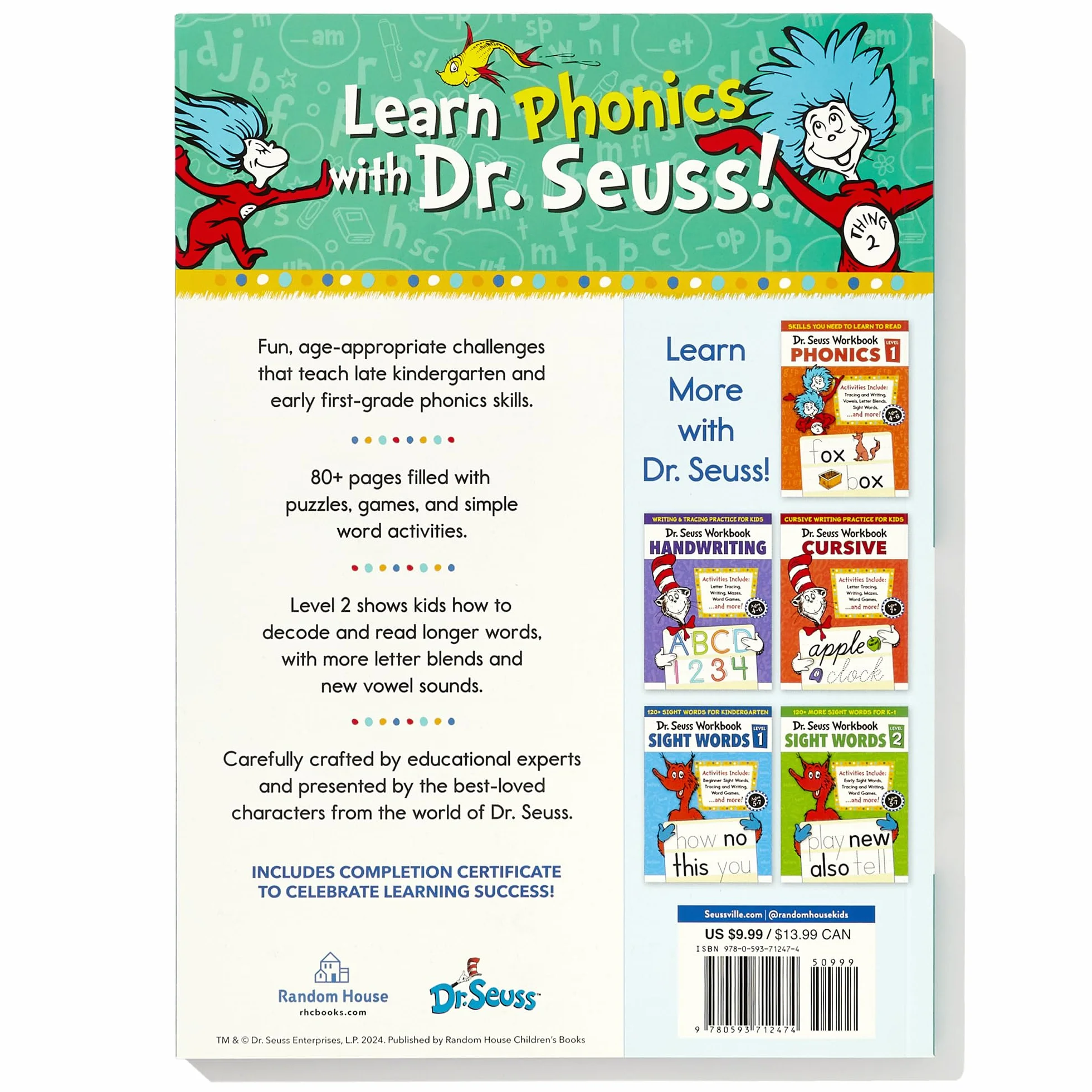 Dr. Seuss Phonics Level 2 Workbook: A Phonics Workbook to Help Kids Ages 5-7 Learn to Read (For Kindergarten and 1st Grade)