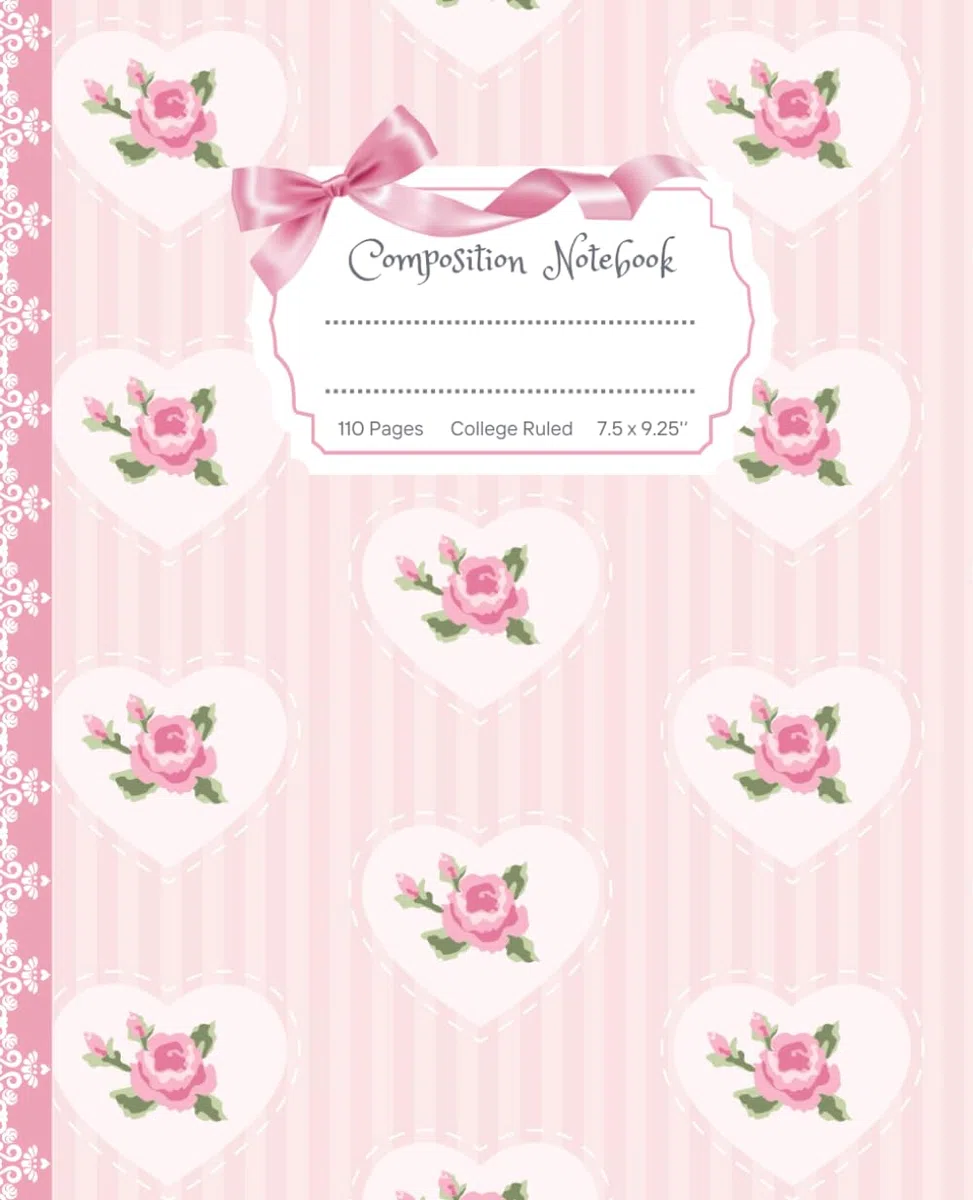 Super Cute Preppy Aesthetic Composition Notebook with Pink Pastel Vintage Floral Roses; Coquette Hearts & Bows: College Ruled Journal for Girls, Teens & Women; Cool Girly School Supply