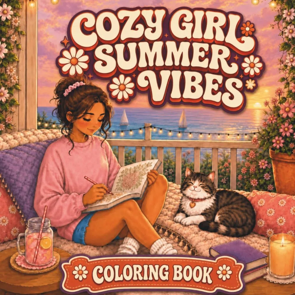 Cozy Girl Summer Vibes Coloring Book: Bold and Easy Sunny Adventure Designs with Cute Cats of Different Breeds for Fun and Relaxation