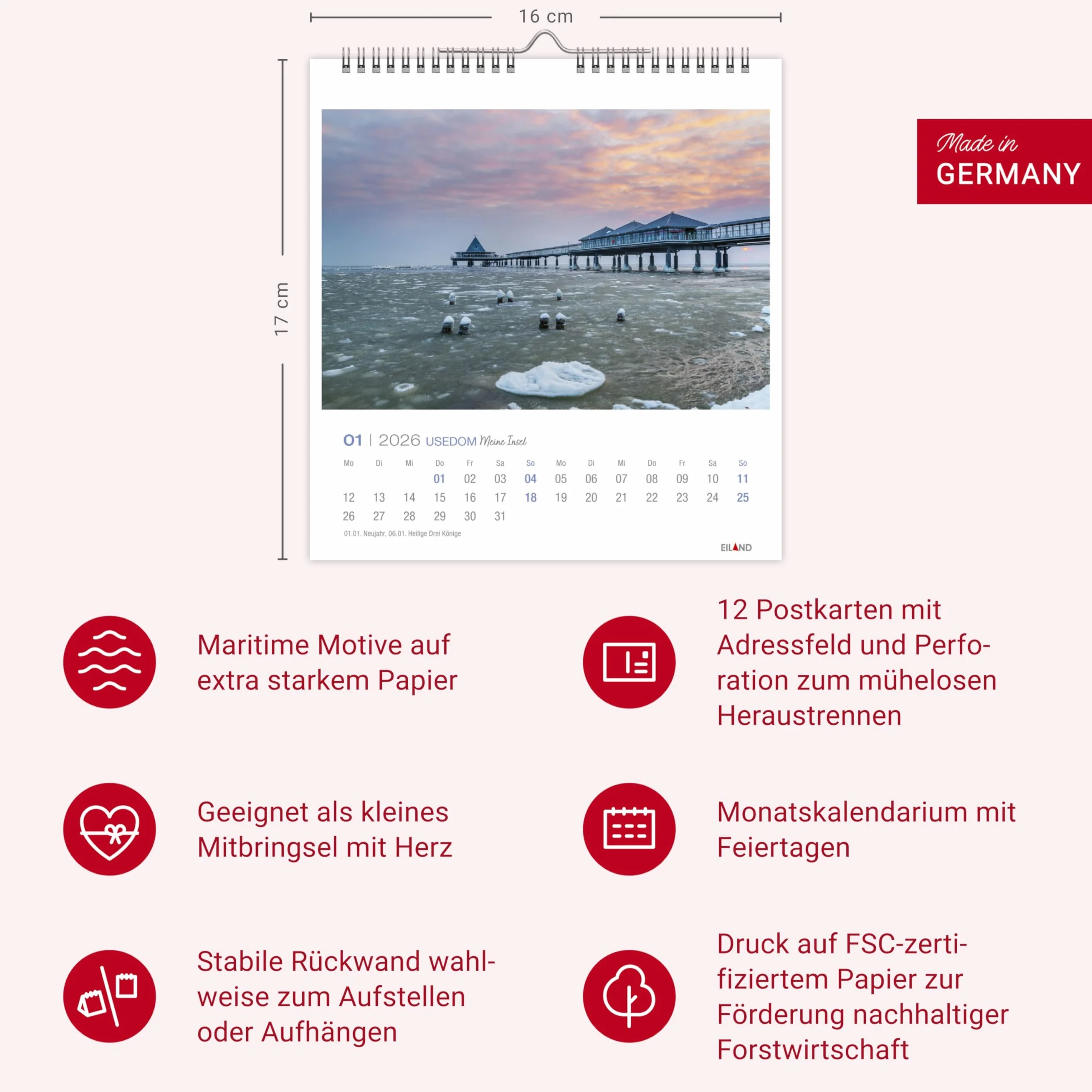 Usedom Postkartenkalender 2026 - Meine Insel: Traumhafter Fotokalender im Postkartenformat. Idyllische Inselfotos in einem kleinen Kalender zum Aufstellen und Aufhängen.